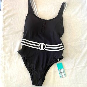 NWT Seafolly Women's Tank Maillot One Piece Swimsuit black & white stripe belt 8
